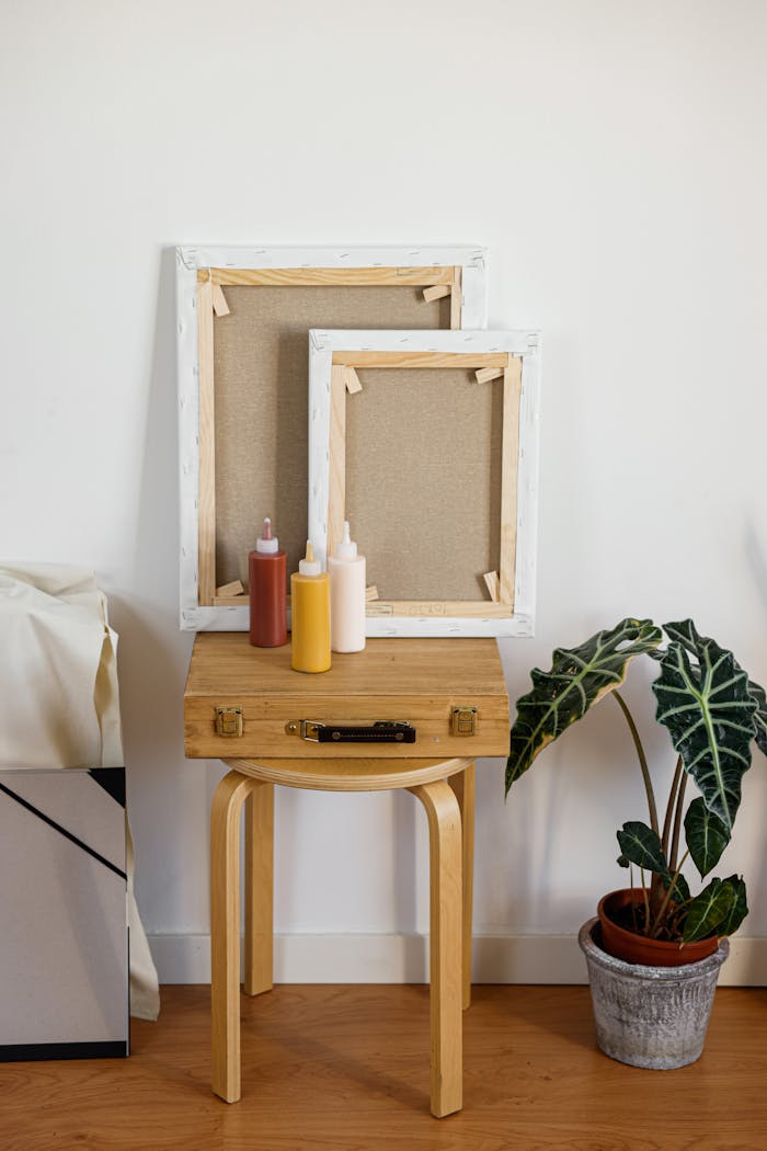 Artist's studio featuring blank canvases, paint bottles, and a potted plant on a wooden stool.