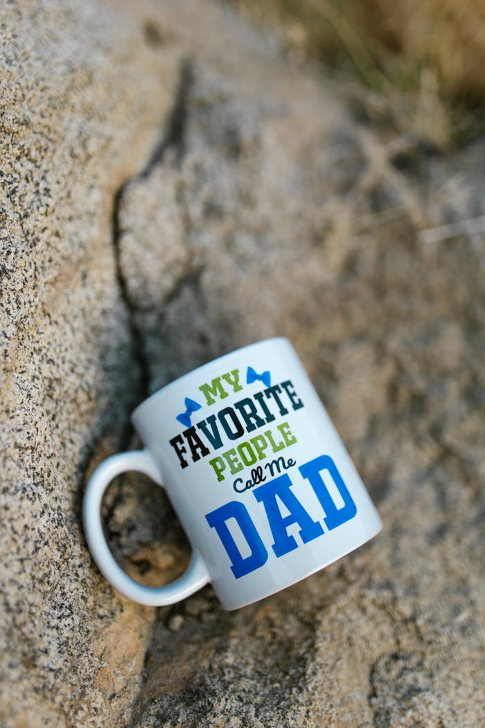 White mug with 'My favorite people call me Dad' on rocky surface, outdoor setting.